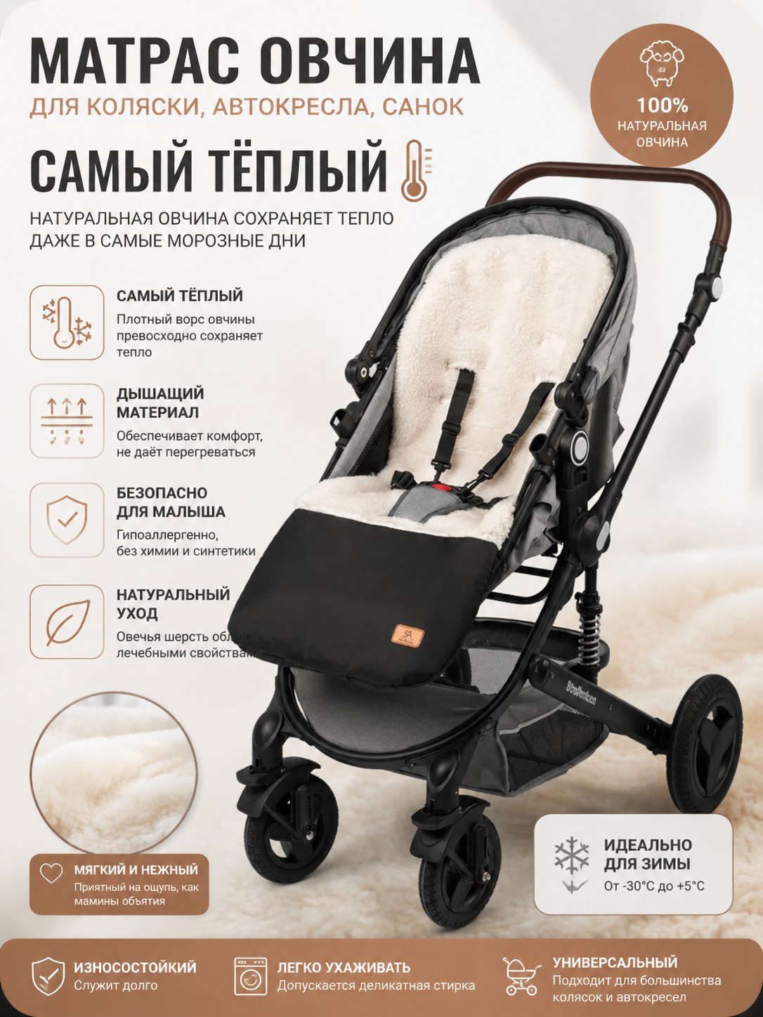 Вкладыш StrollerAcss SA505/Овчина.черный - фото 2