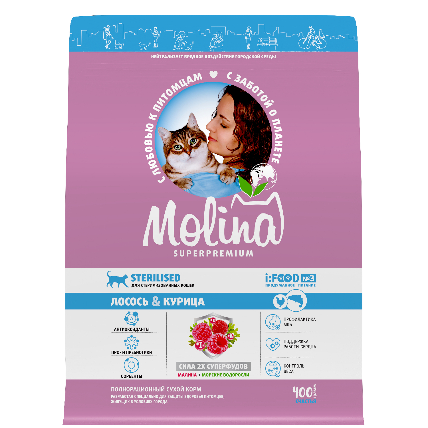 Корм для кошек сухой Molina для взрослых стерилизованных с лососем и курицей 0.4кг - фото 1