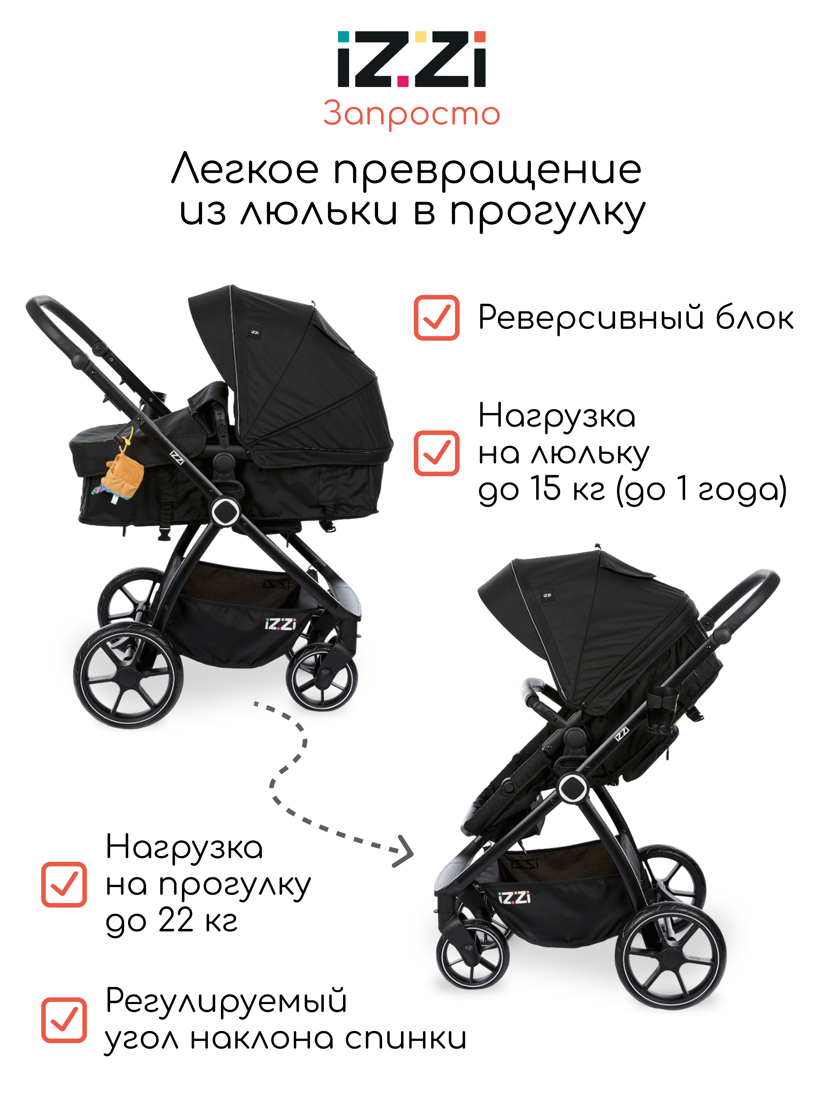 Коляска трансформер iZZi Универсальная черный - фото 2