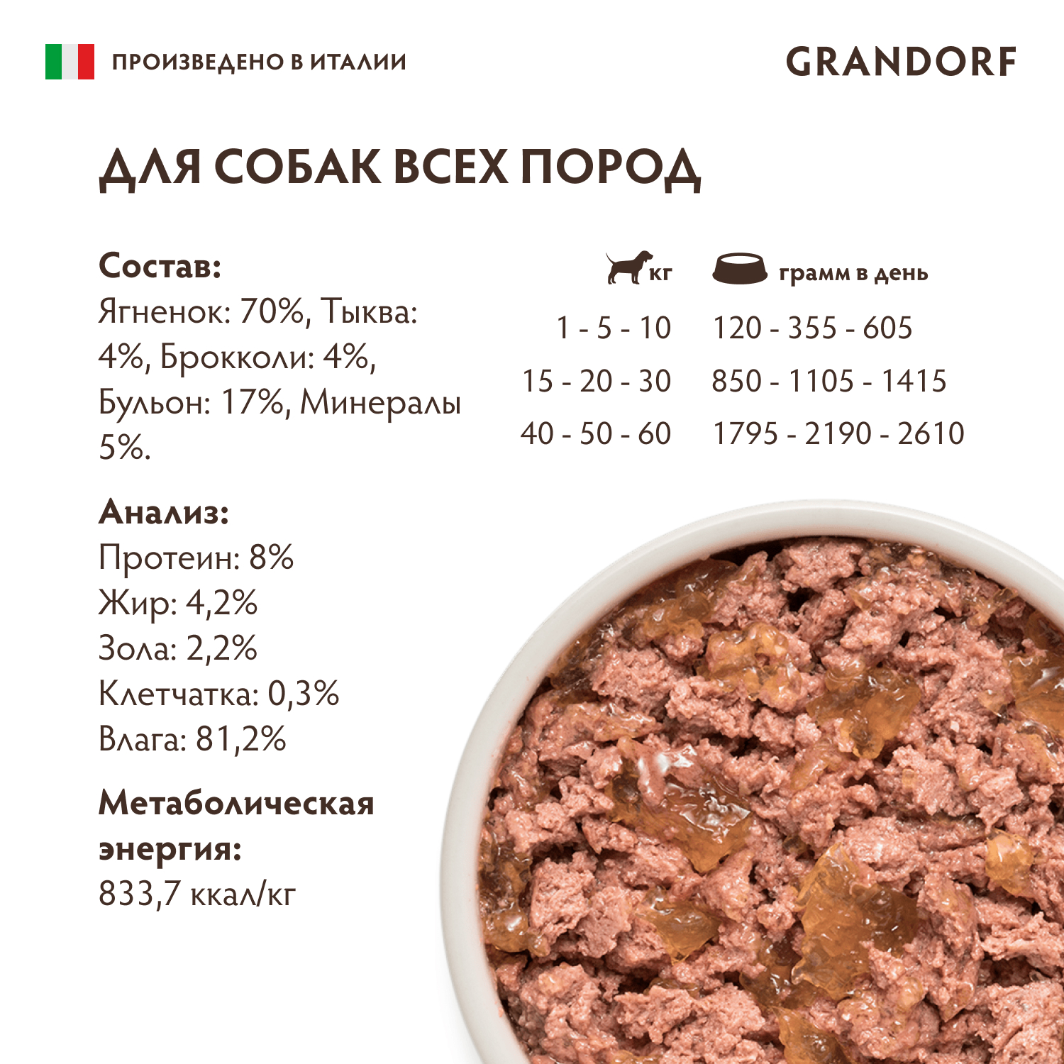 Консервы для собак GRANDORF Паштет из ягненка с тыквой и брокколи 200г - фото 2