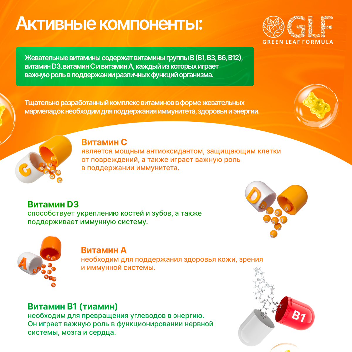 Мультивитамины для взрослых Green Leaf Formula жевательные пастилки со вкусом цитруса - фото 3