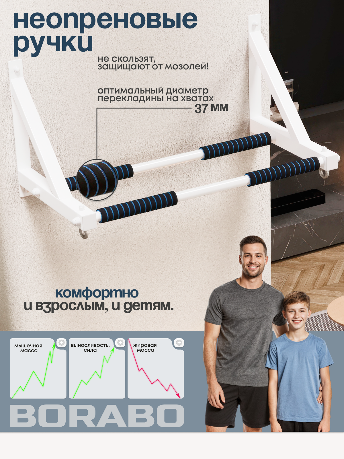 Турник настенный BORABO 2 хвата Классик Comfort с неопреновыми ручками - фото 7