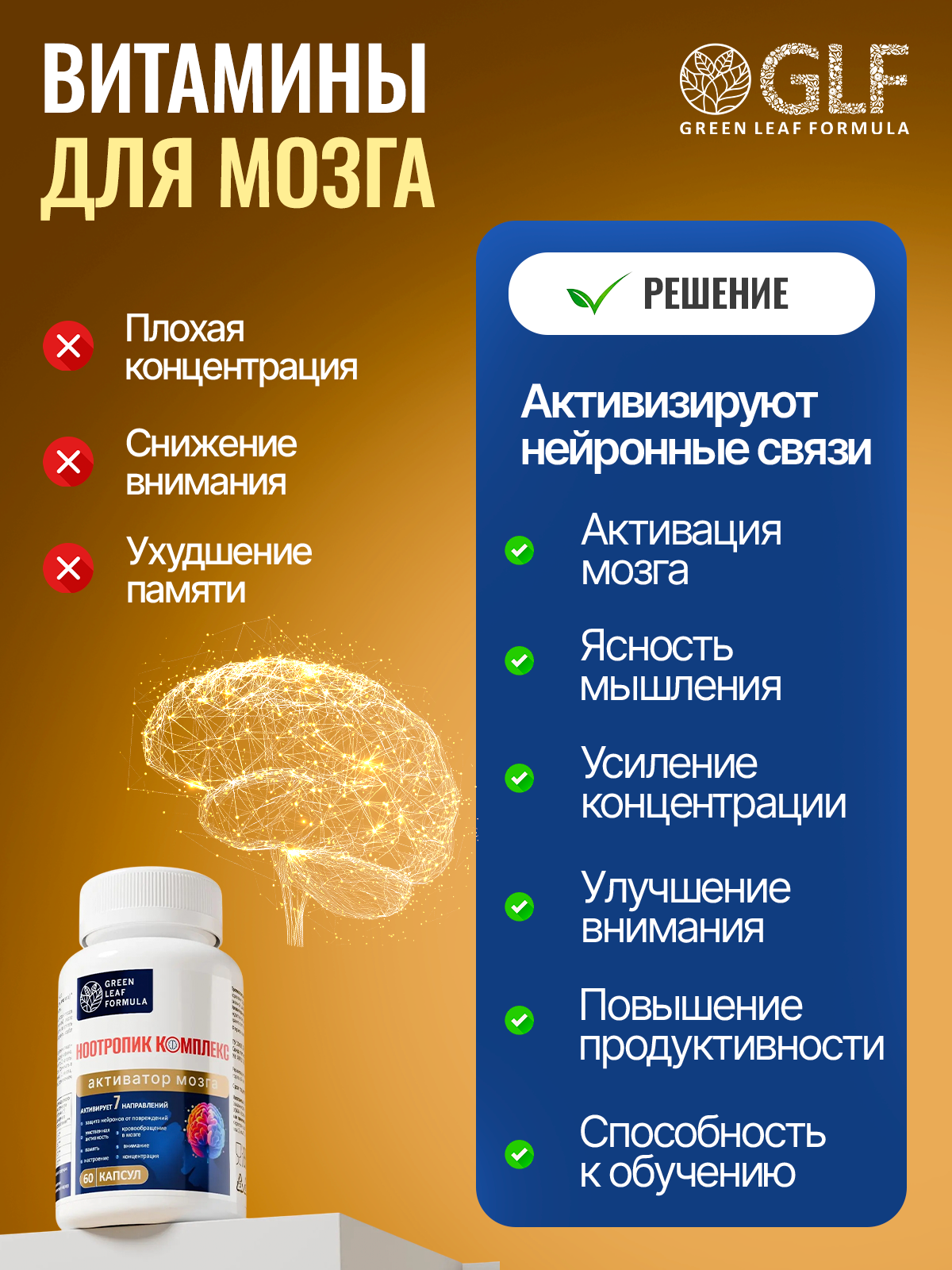 Ноотропный комплекс для мозга Green Leaf Formula для памяти и внимания - фото 2
