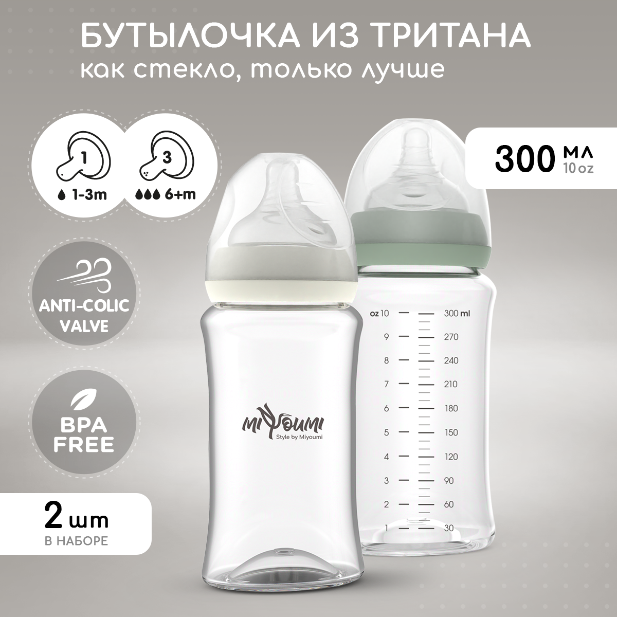 Бутылочка Miyoumi Anti-Colic 300 мл 2 шт. - фото 1