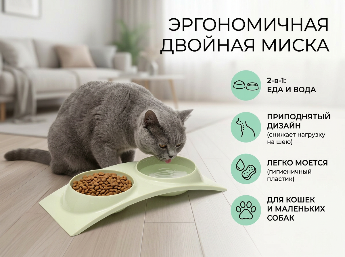 Миска Пижон пластиковая двойная 38.5х16.7х5 см зелёная 400 мл - фото 1