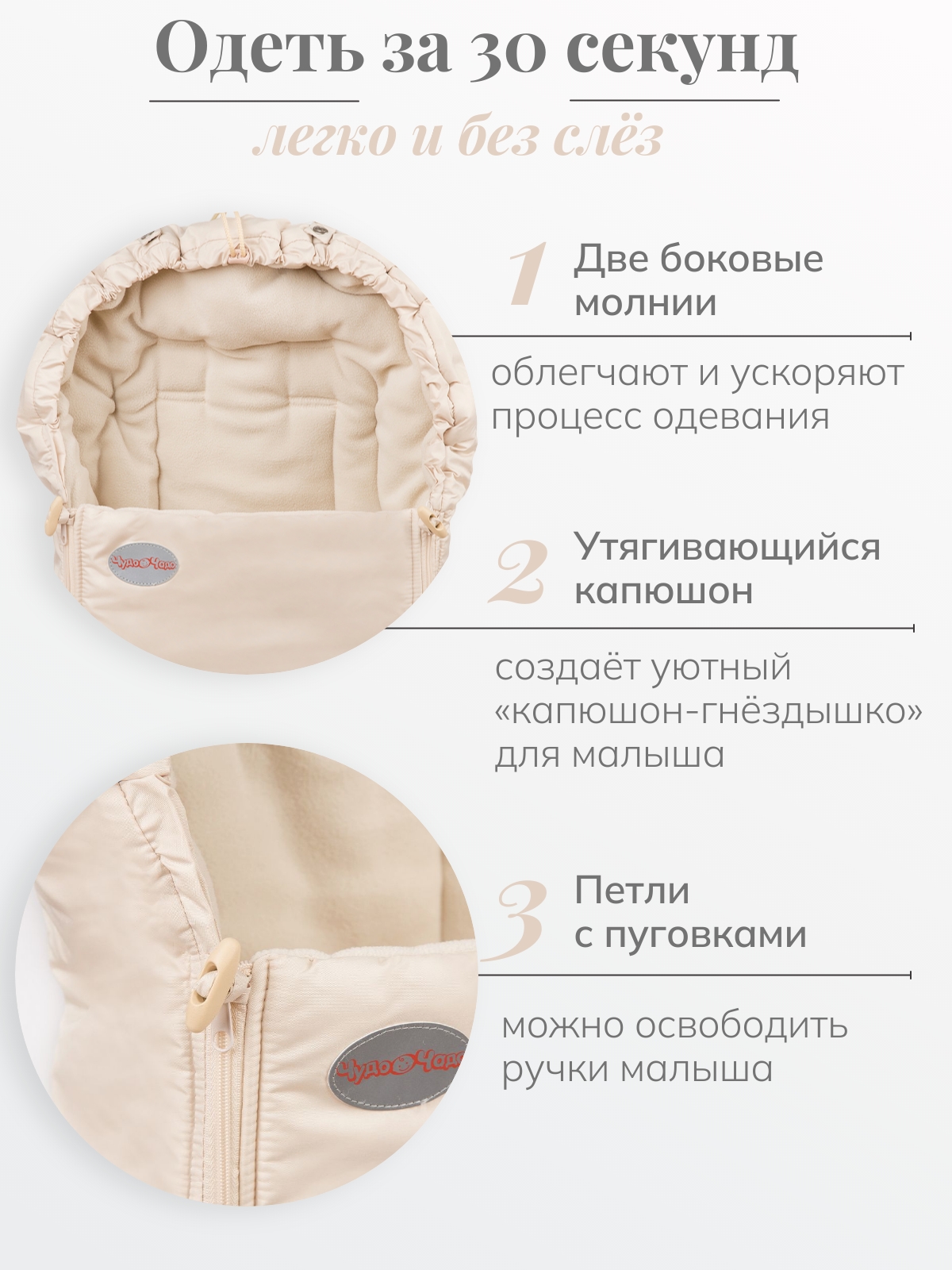 Конверт в коляску Чудо-Чадо Три сезона бежевый - фото 4