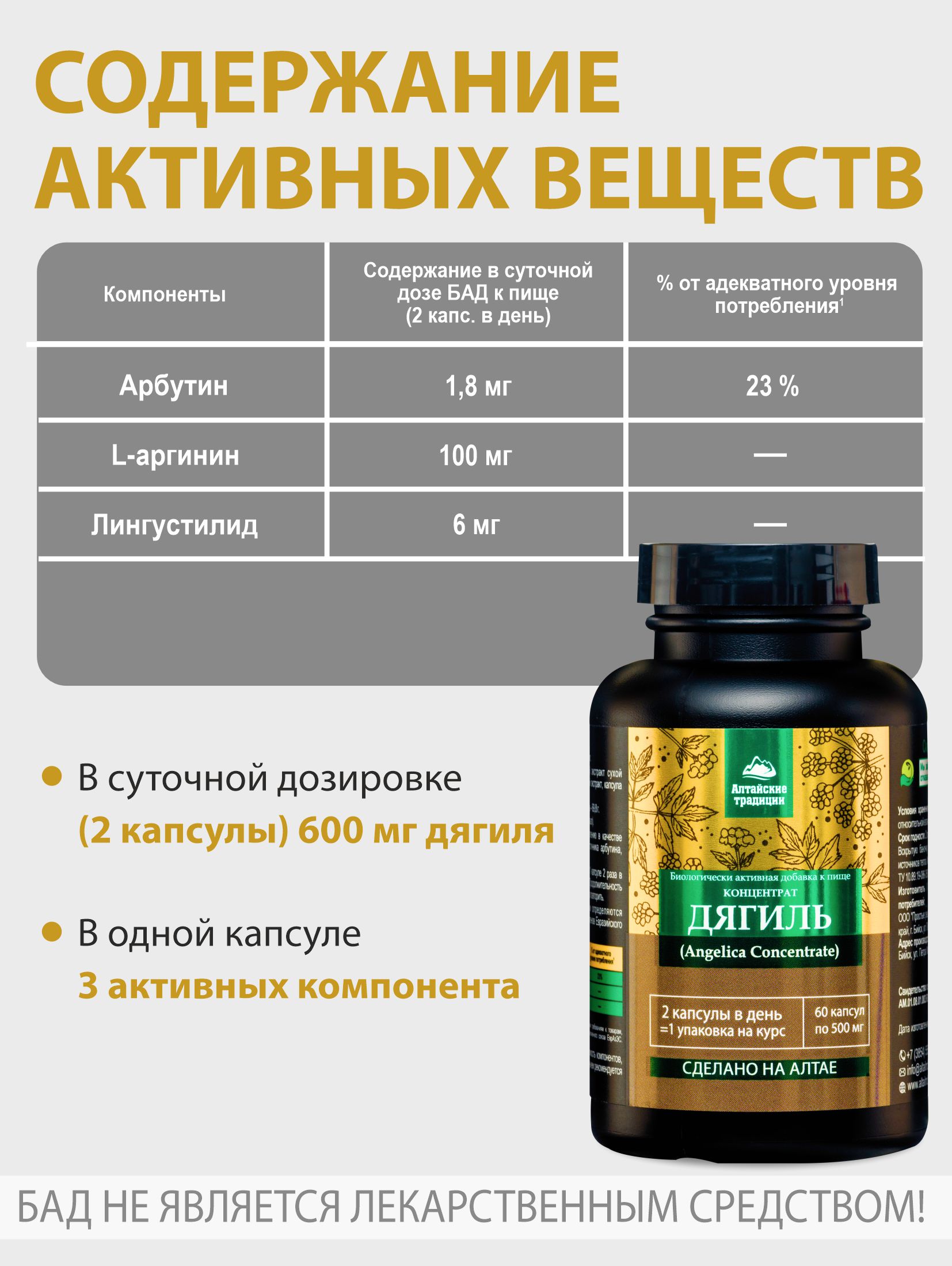 БАД к пище Алтайские традиции Концентрат Дягиль 60 капсул по 500 мг - фото 5