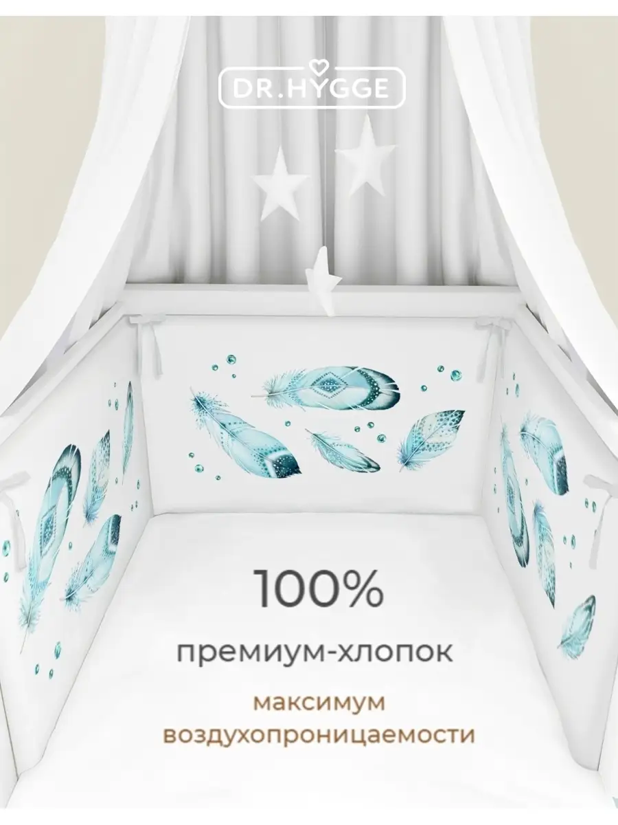 Бортик в кроватку Dr. Hygge HG210301/Бирюзовый_перья - фото 3