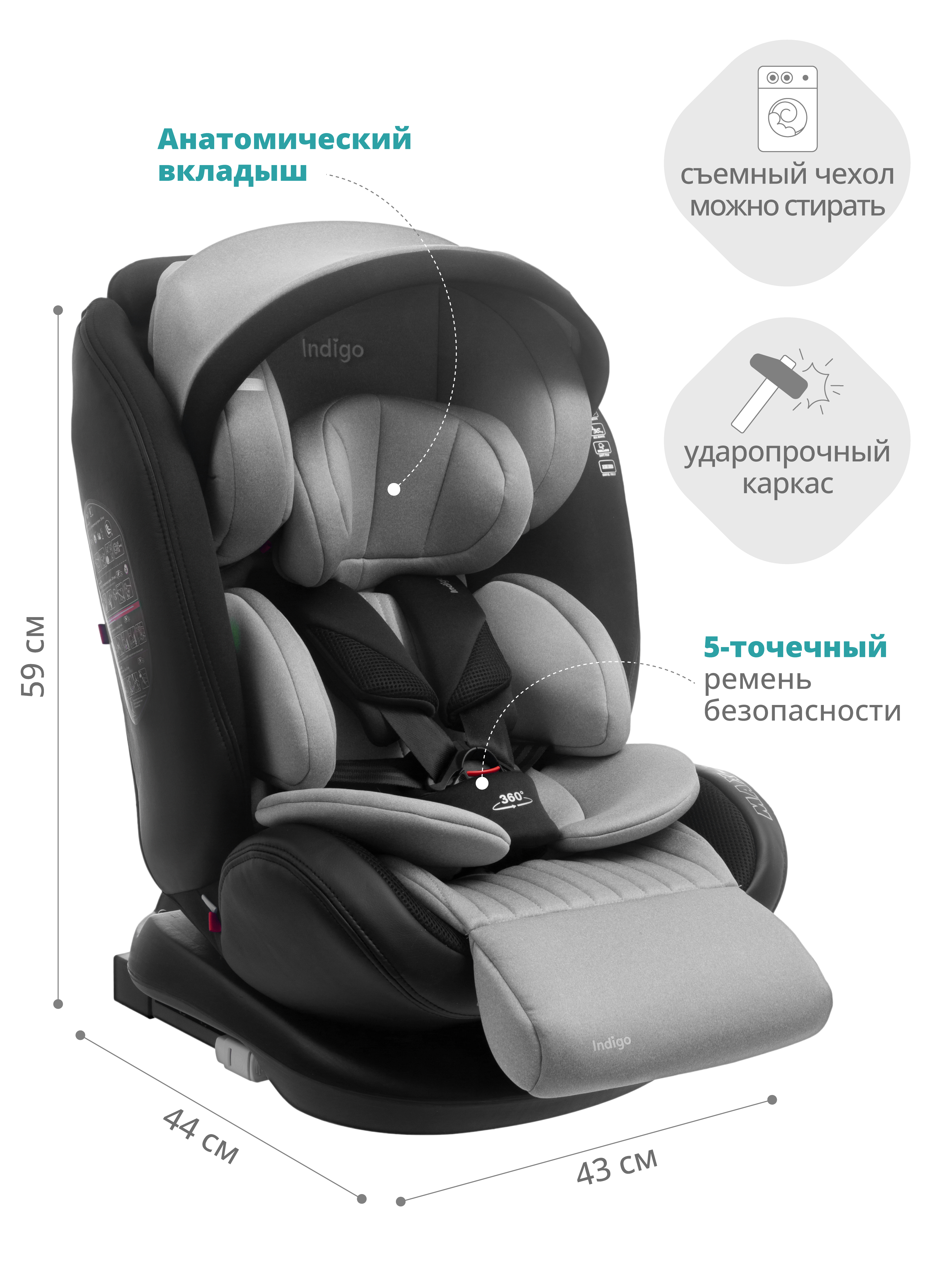 Автокресло Indigo MAX-X серый Isofix 0+/1/2/3 (0-36 кг) серый - фото 2