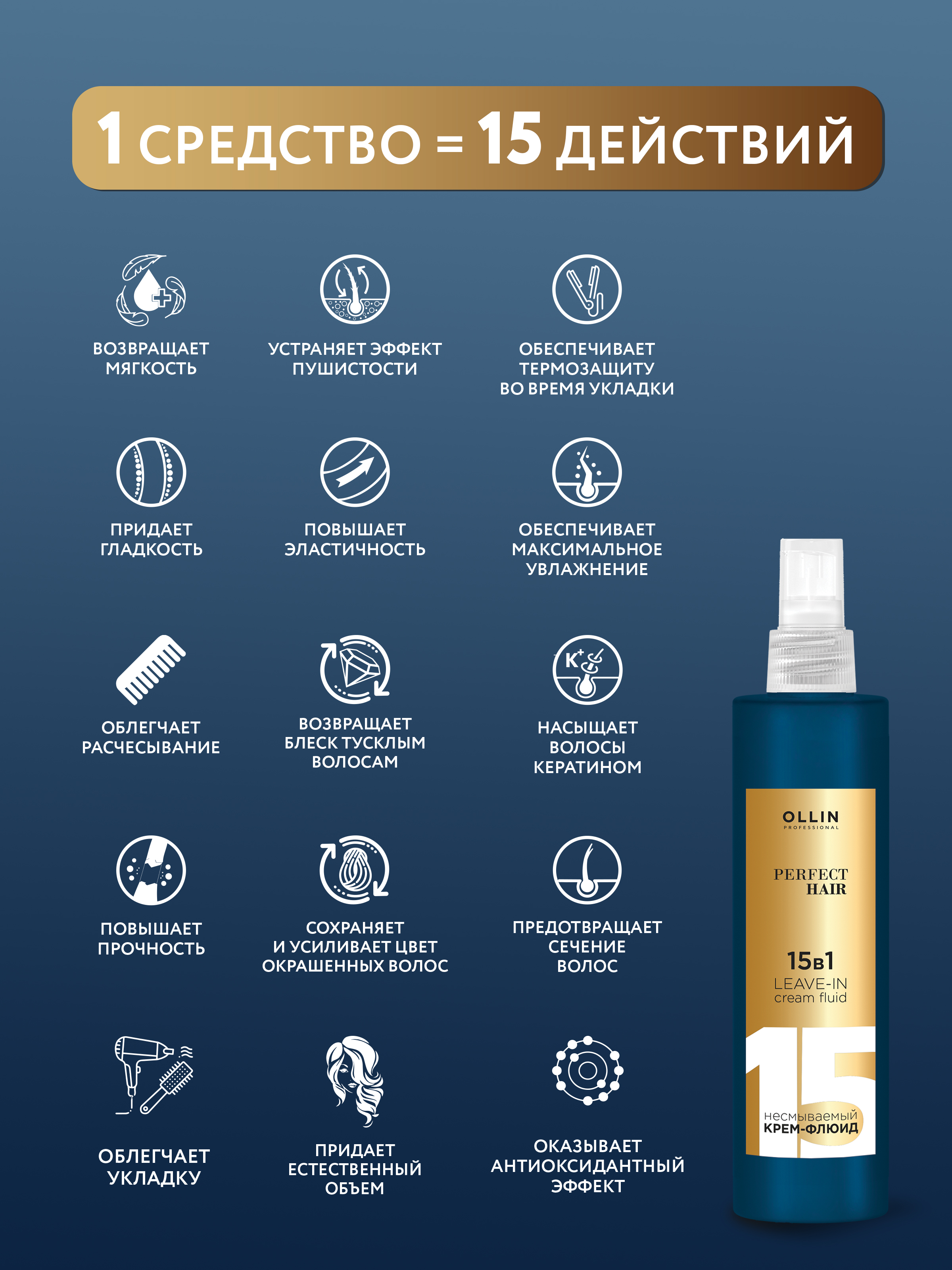 Крем-флюид Ollin perfect hair многофункциональный 15 в 1 несмываемый 250 мл - фото 3