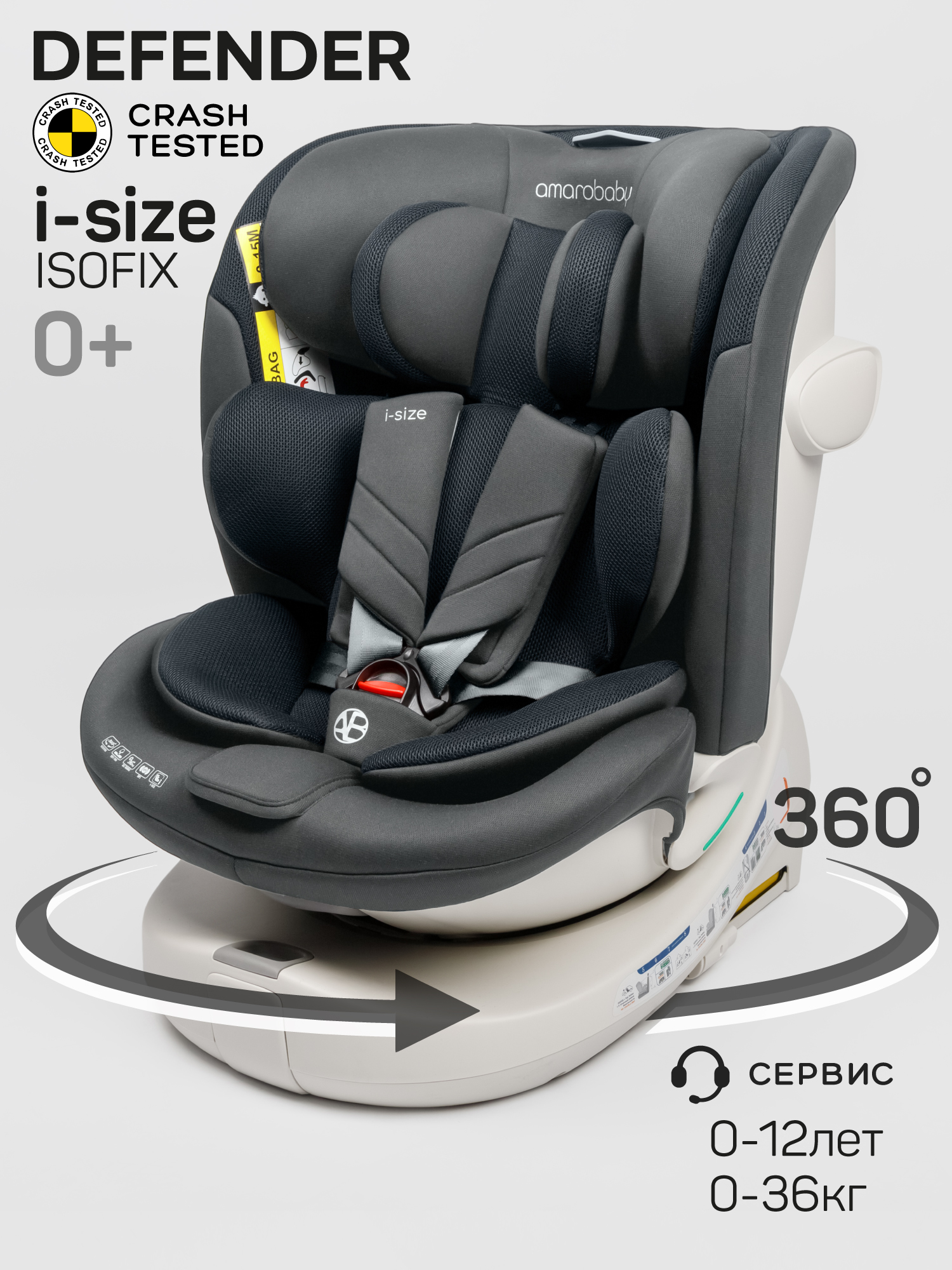 Автокресло Amarobaby Defender Isofix 0+/1/2/3 (0-36 кг) серый - фото 1