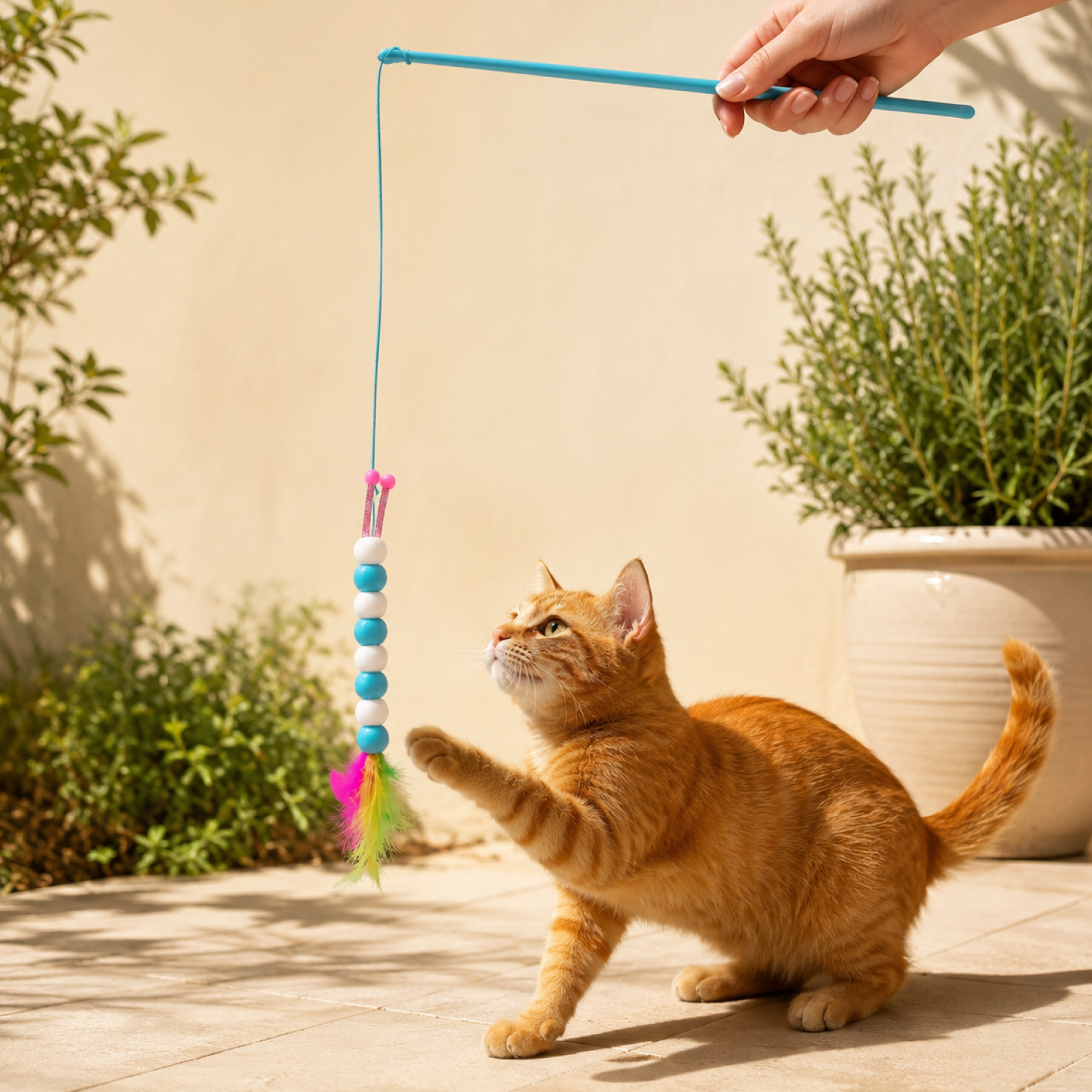 Дразнилка-удочка Пижон Гусеница с перьями ручка 49см голубая - фото 1