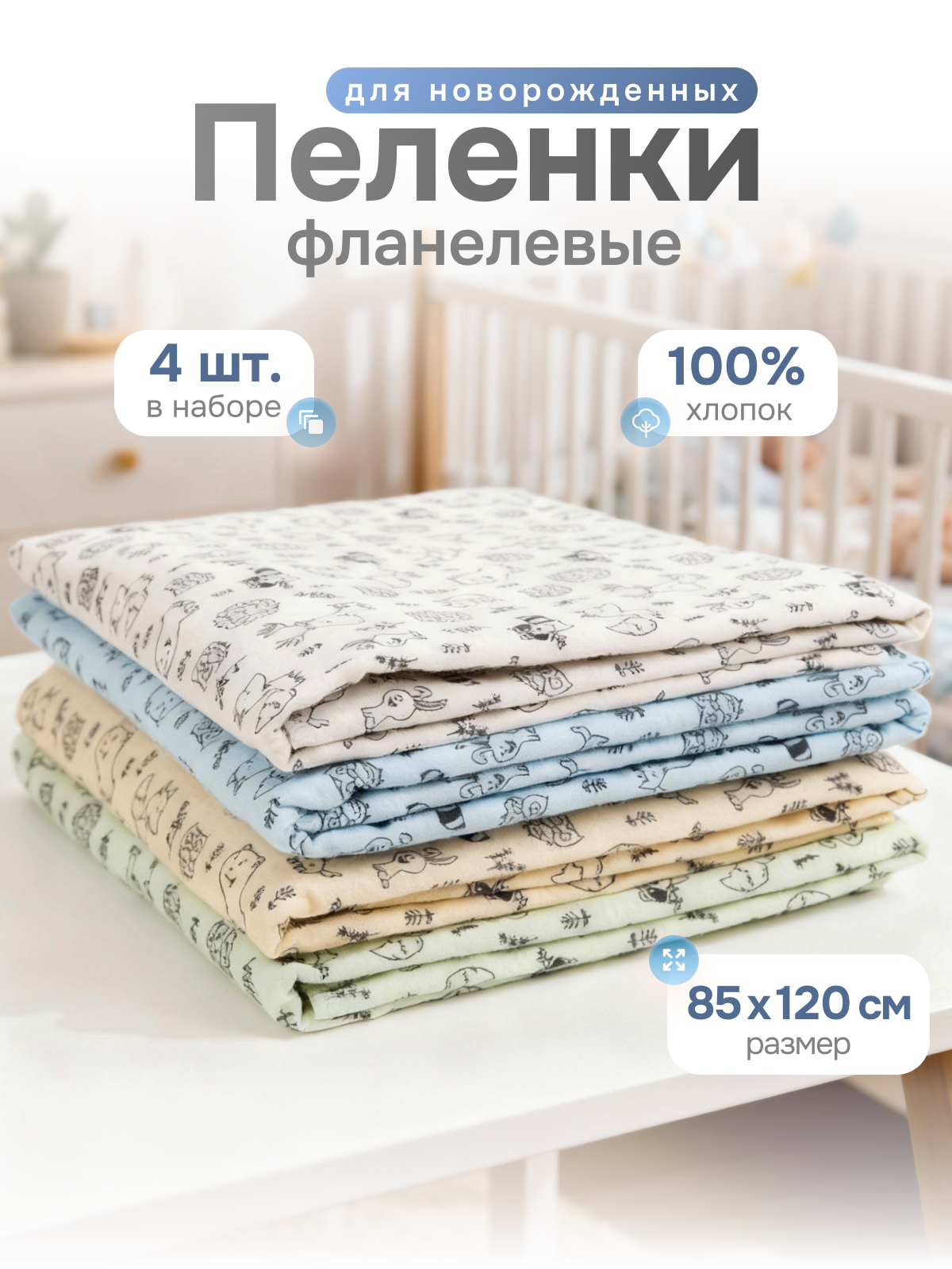 Пелёнка Чудо-Чадо Сыночку/Зверушки фланель 85х120 см 4 шт. - фото 1