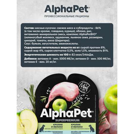 Корм для собак AlphaPet с чувствительным пищеварением Superpremium ламистер влажный кролик и яблоко 100г