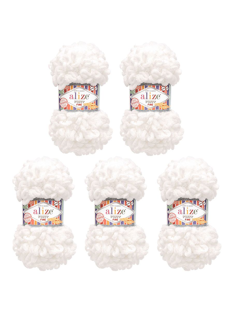 Пряжа для вязания Alize puffy fine 100 г 14.5 м микрополиэстер фантазийная мягкая 55 белый 5 мотков - фото 6