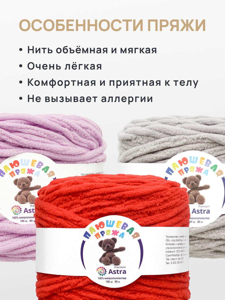 Пряжа для вязания Astra Premium плюшевая пушистый ворс полиэстер 100 гр 80 м 152 красный 2 мотка - фото 3