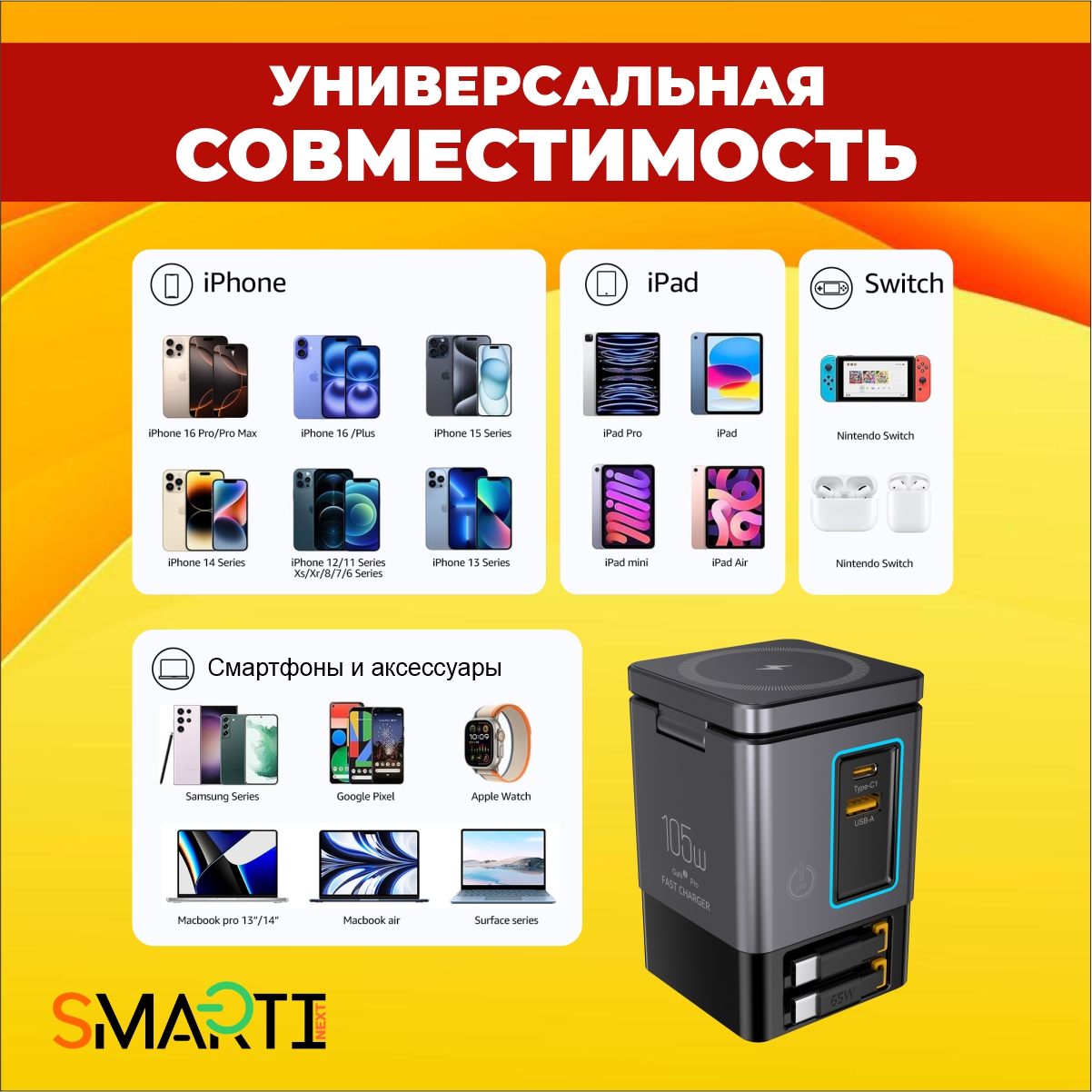 Быстрое зарядное устройство SmartiNext 105Вт с беспроводной зарядкой 6в1 со встроенными кабелями - фото 6