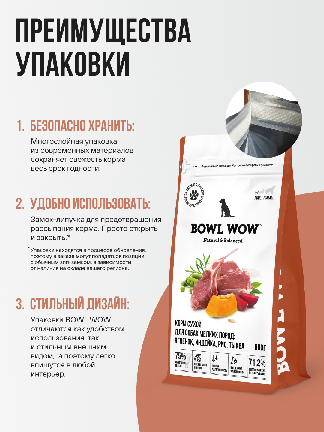 Корм сухой полнорационный BOWL WOW для взрослых собак мелких пород с ягненком, индейкой, рисом и тыквой 800 г - фото 6