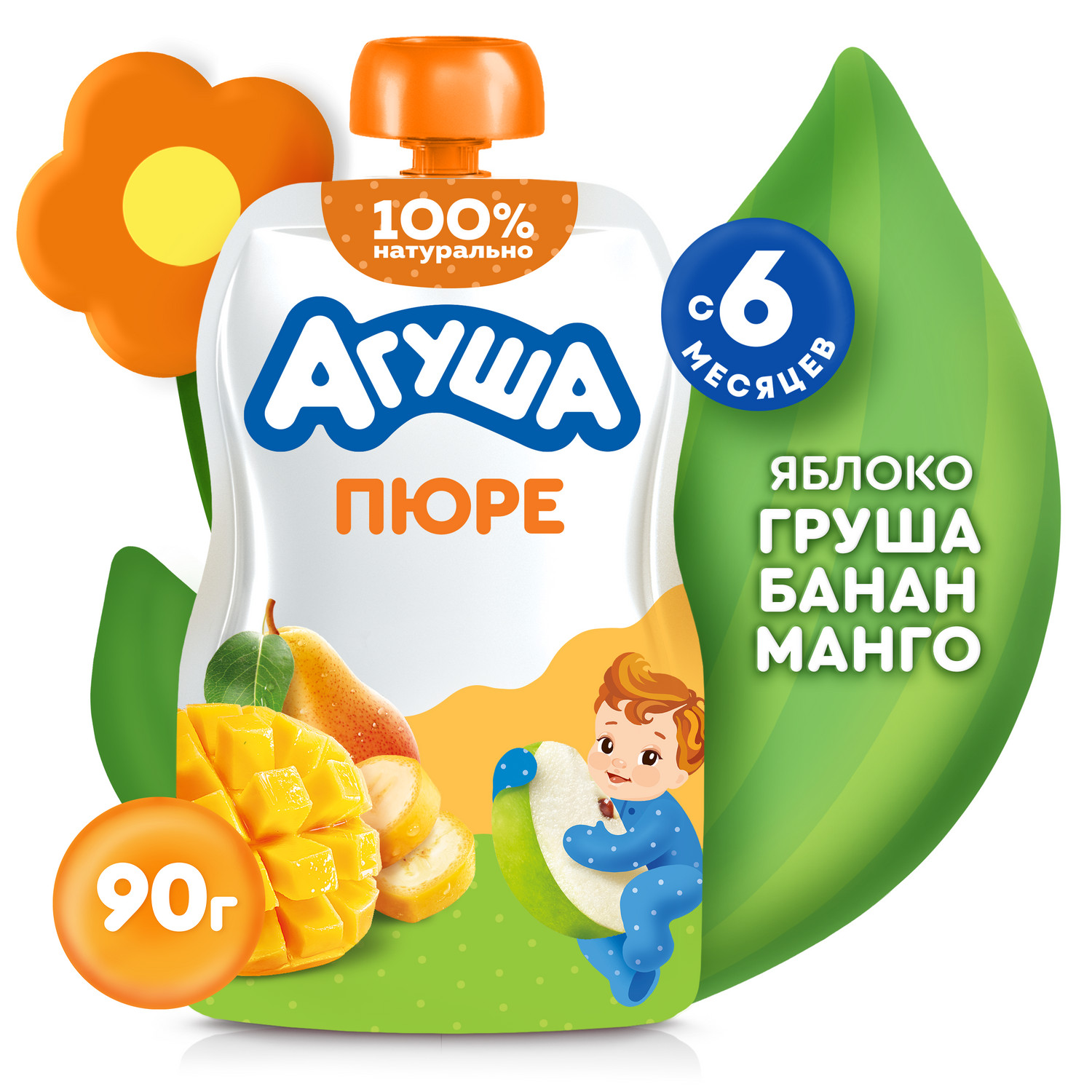 Пюре Агуша Яблоко-груша-банан-манго с 6 мес 90 г - фото 1