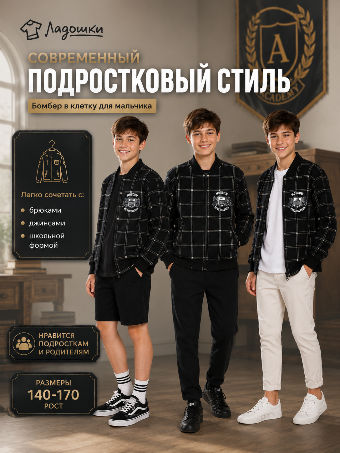 Бомбер ЛАДОШКИ Толстовка Колледж черная клетка - фото 4