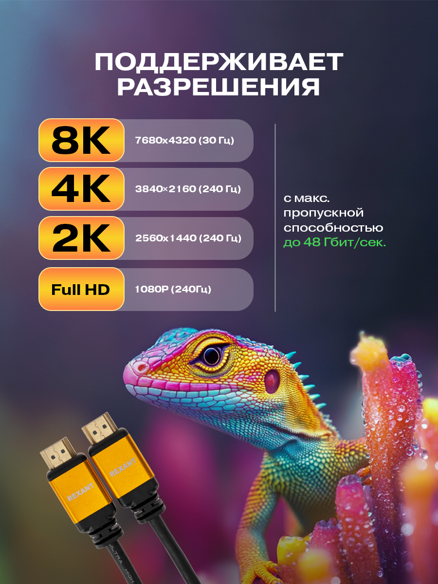 Кабель REXANT HDMI - HDMI 2.1 Gold 1 метр - фото 2