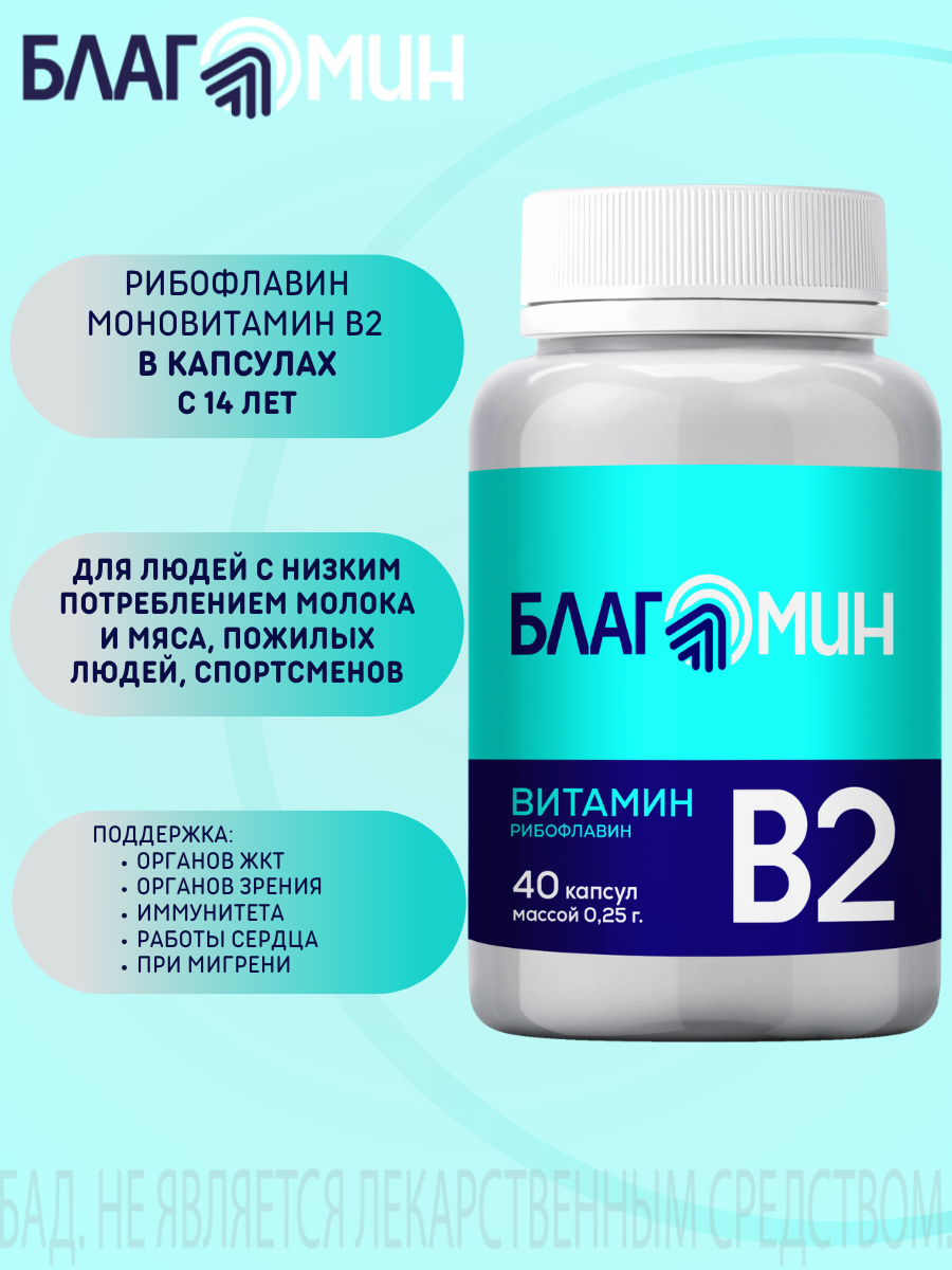 БАД Благомин Витамин В2 (рибофлавин 2мг) капсулы массой 0.25г №40 - фото 1