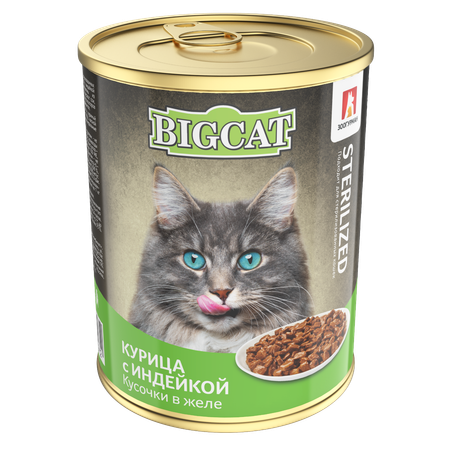 Корм для кошек влажный Зоогурман Big Cat Sterilized Кусочки в желе курица c индейкой ж/б 350г