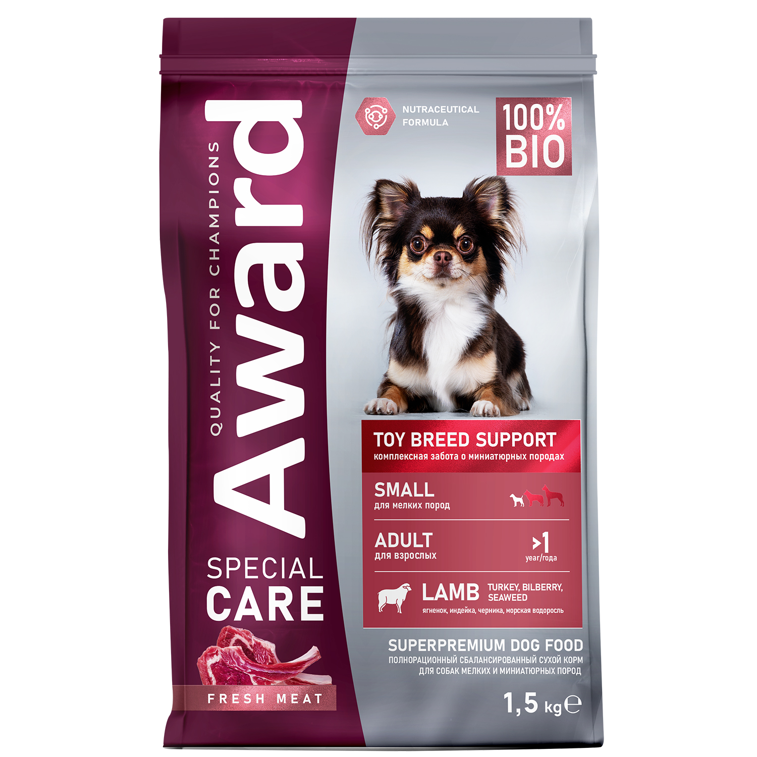 Корм для взрослых собак мелких пород AWARD Special Care Toy Breed Support со свежим мясом ягненка сухой 1.5кг - фото 1