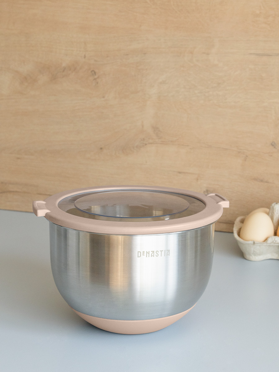 Миска DeNASTIA с прозрачной крышкой 1.5 л нерж.сталь бежевый A000334 - фото 1