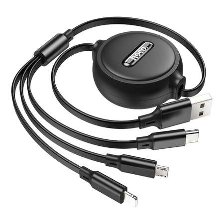 USB кабель Hoco X75 Lightning 8-pin/MicroUSB/Type-C 3в1 1м рулетка TPE Черный