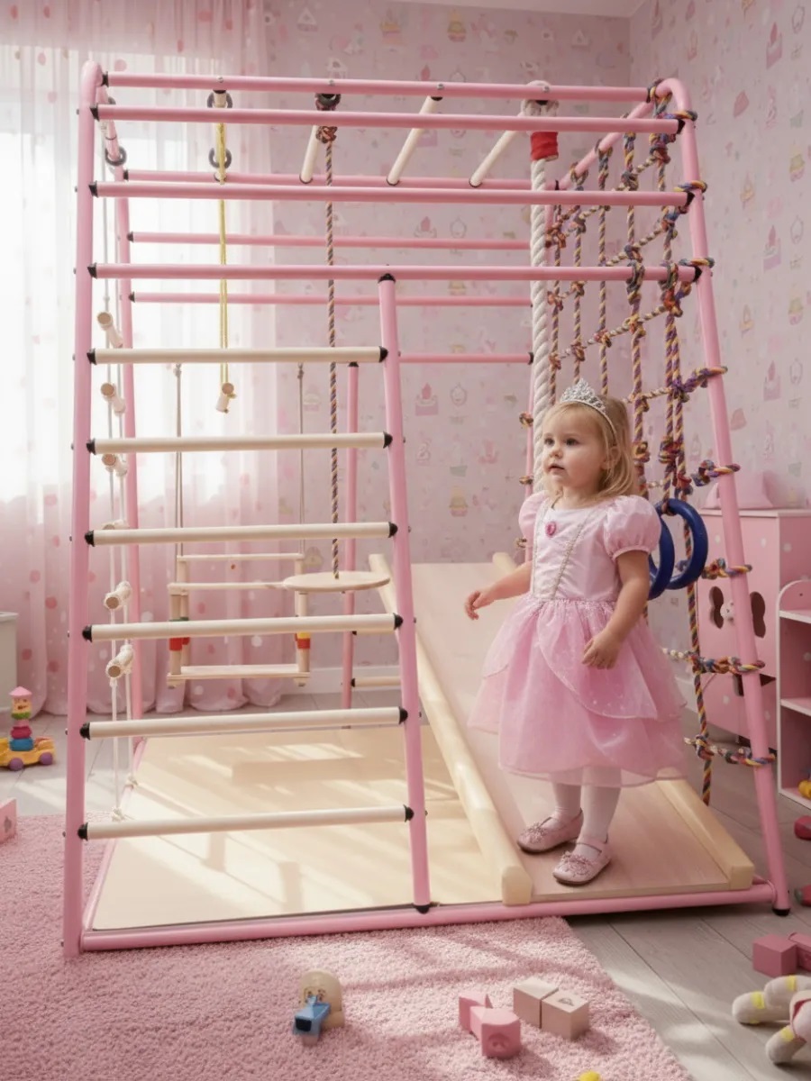 Детский спортивный комплекс Perfetto Sport Весёлый Малыш Next с горкой цвет матово-розовый - фото 1