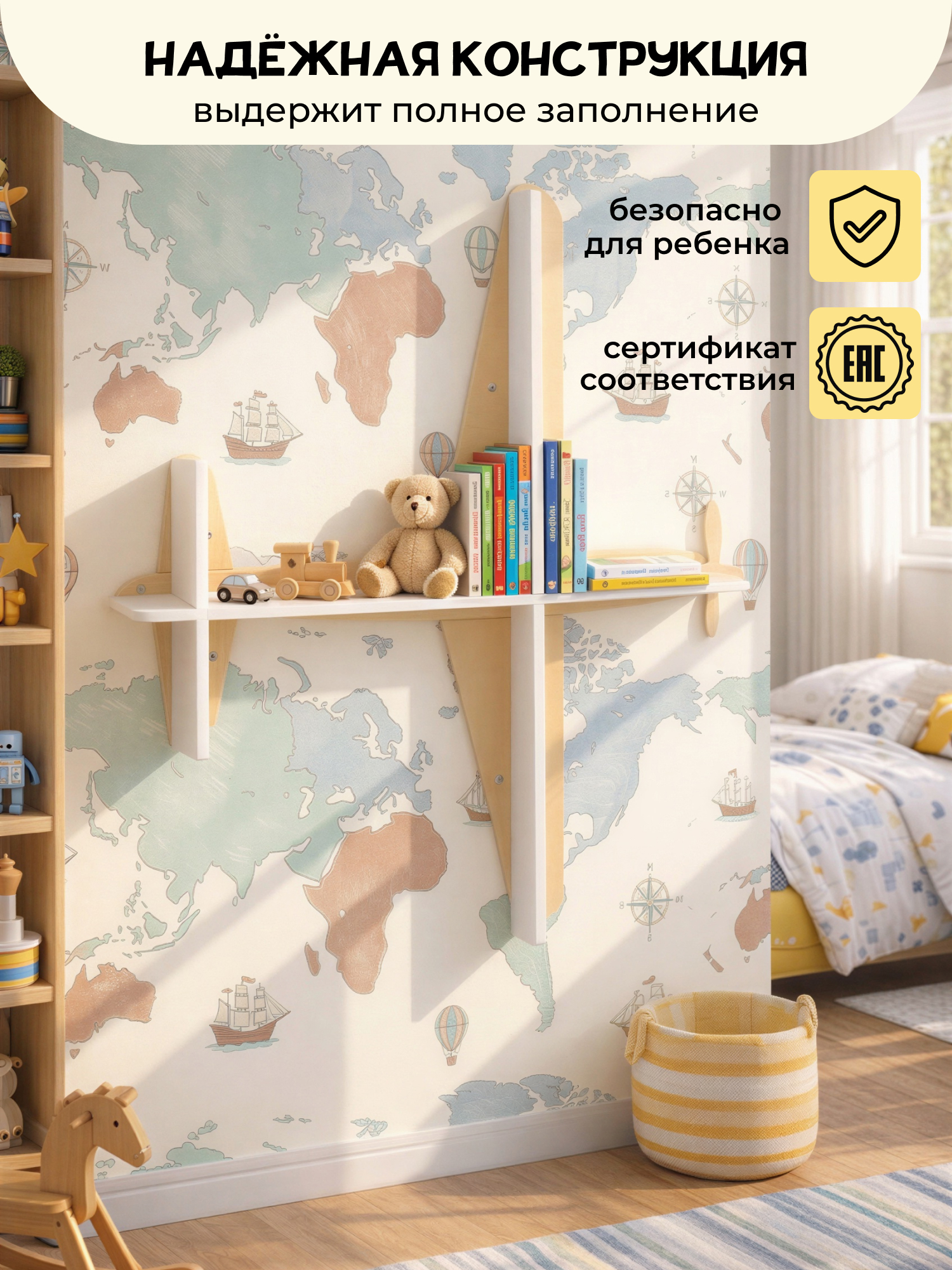 Полка настенная PAPPADO для игрушек и книг белая - фото 3