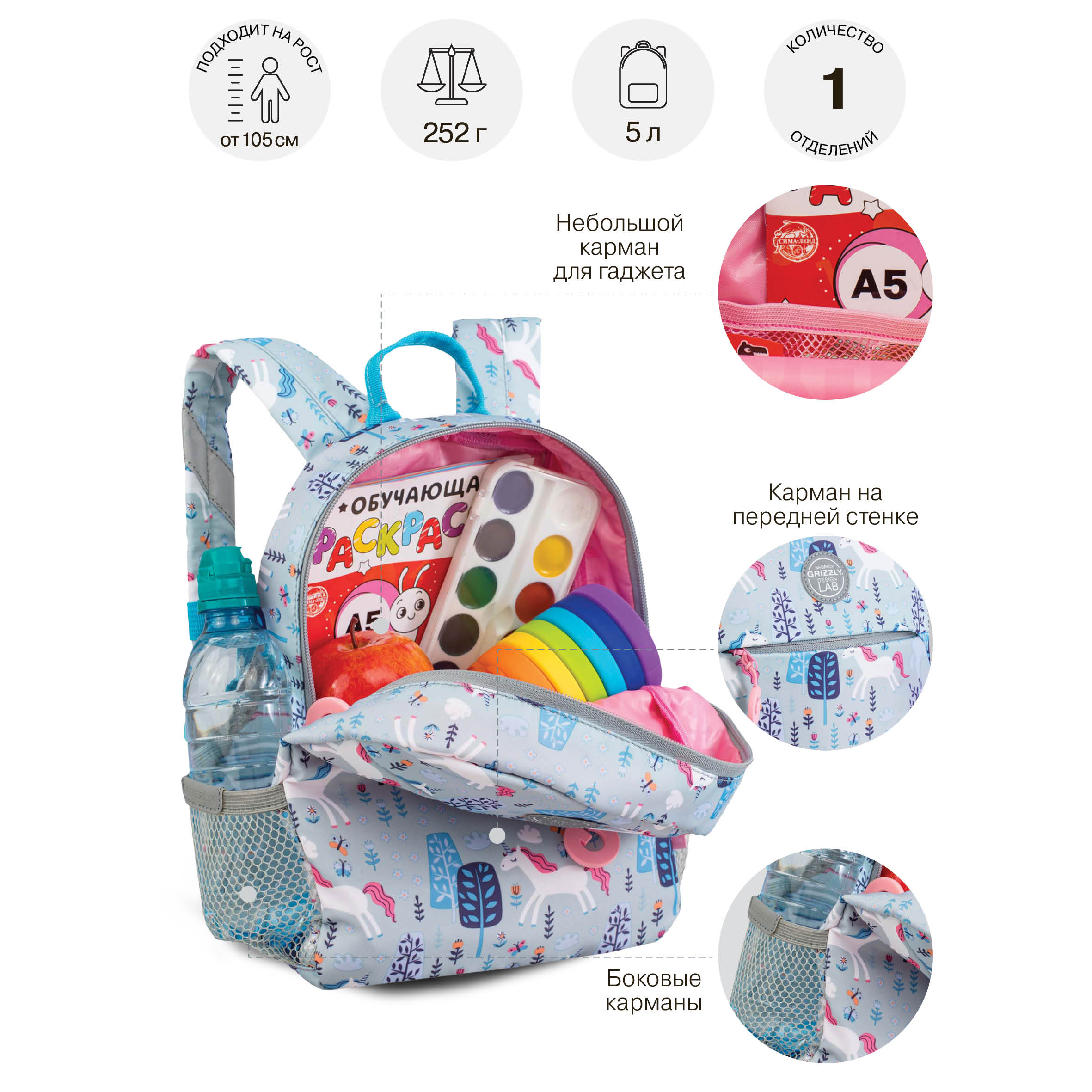 Рюкзак дошкольный Grizzly Лошадки - фото 8