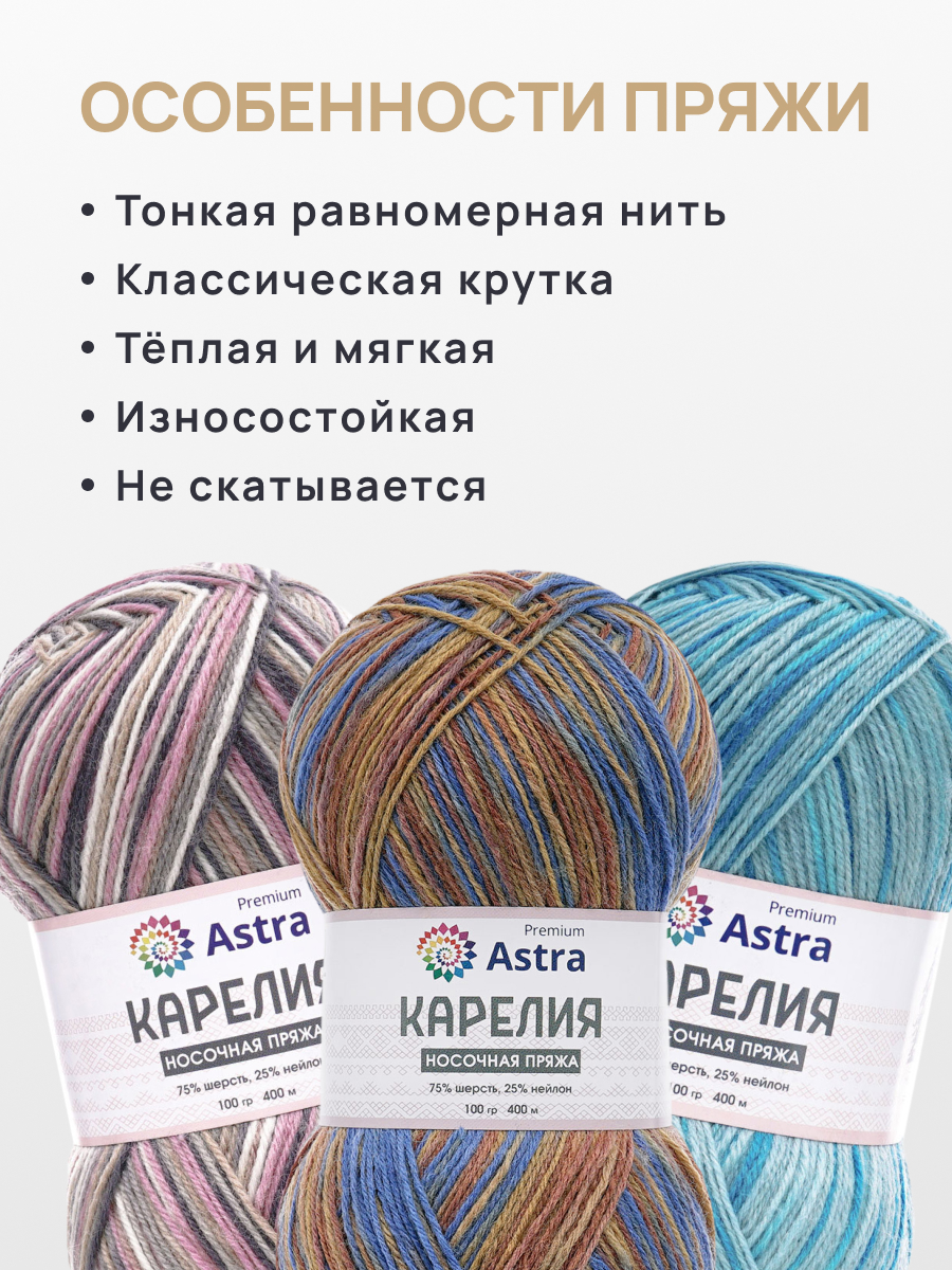 Пряжа для вязания Astra Premium карелия носочная шерсть нейлон 100 гр 400 м цвет 1005 2 мотка - фото 3