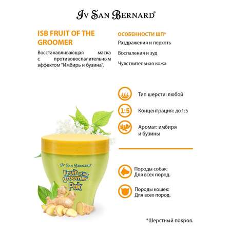 Маска для кошек и собак Iv San Bernard Fruit of the Groomer Ginger and Elderbery восстанавливающая с противовоспалительным эффектом 250мл