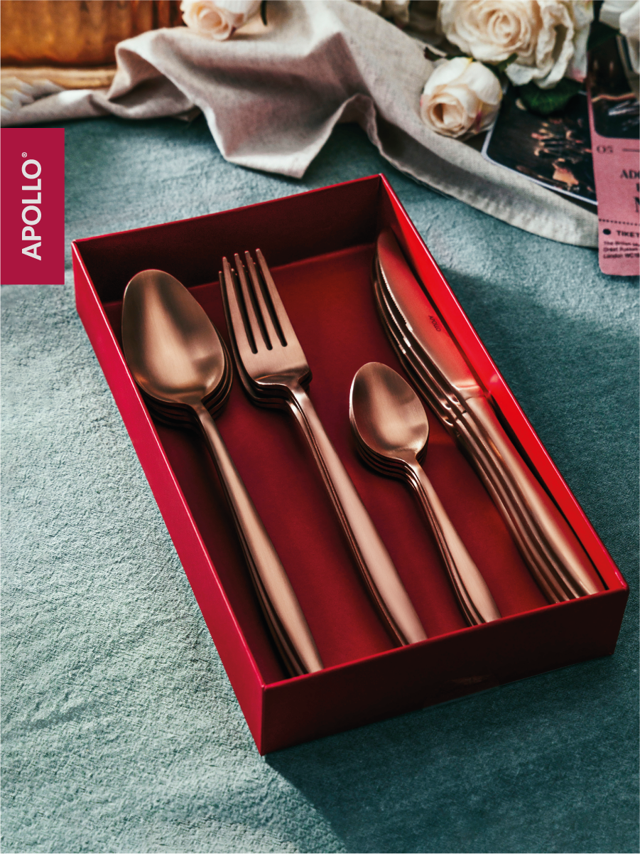Набор столовых приборов APOLLO 16 предметов, розовое золото, матовые - фото 1