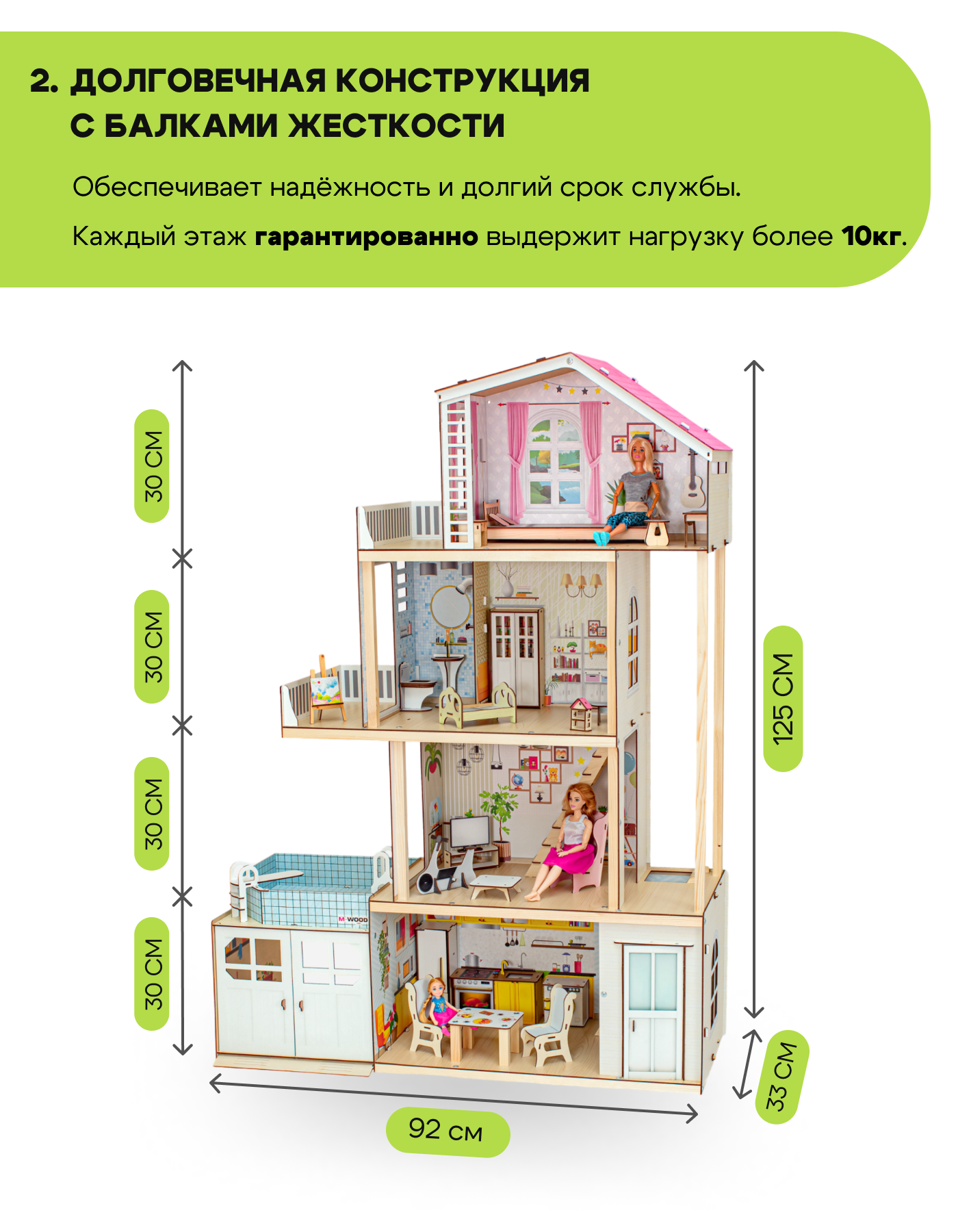 Домик для кукол M-WOOD 125 см с мебелью 3036 - фото 3