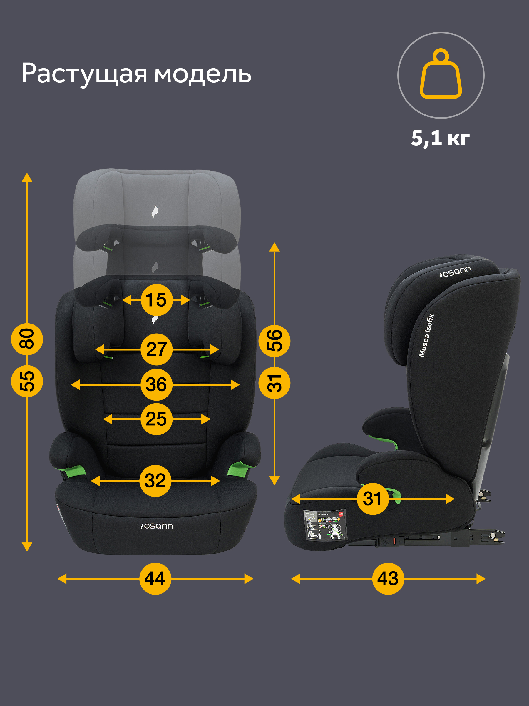 Автокресло Osann Musca Isofix Isofix 2/3 (15-36 кг) черный - фото 14