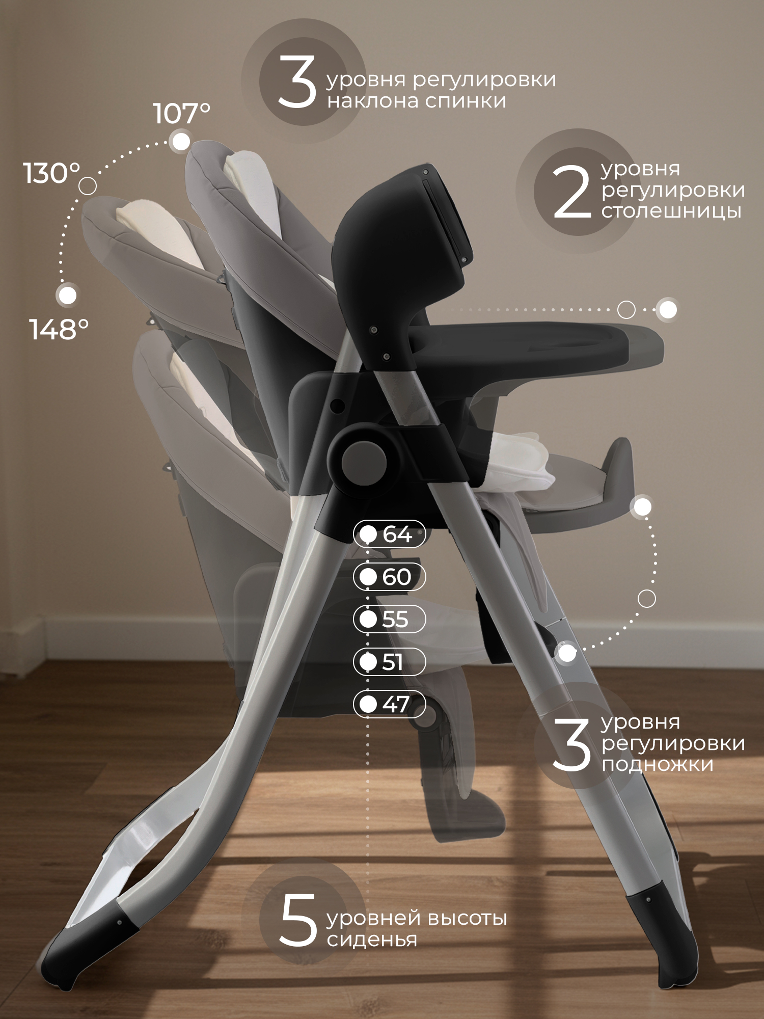 Стульчик для кормления Sweet Baby Amuleto Steel Grey серый - фото 2