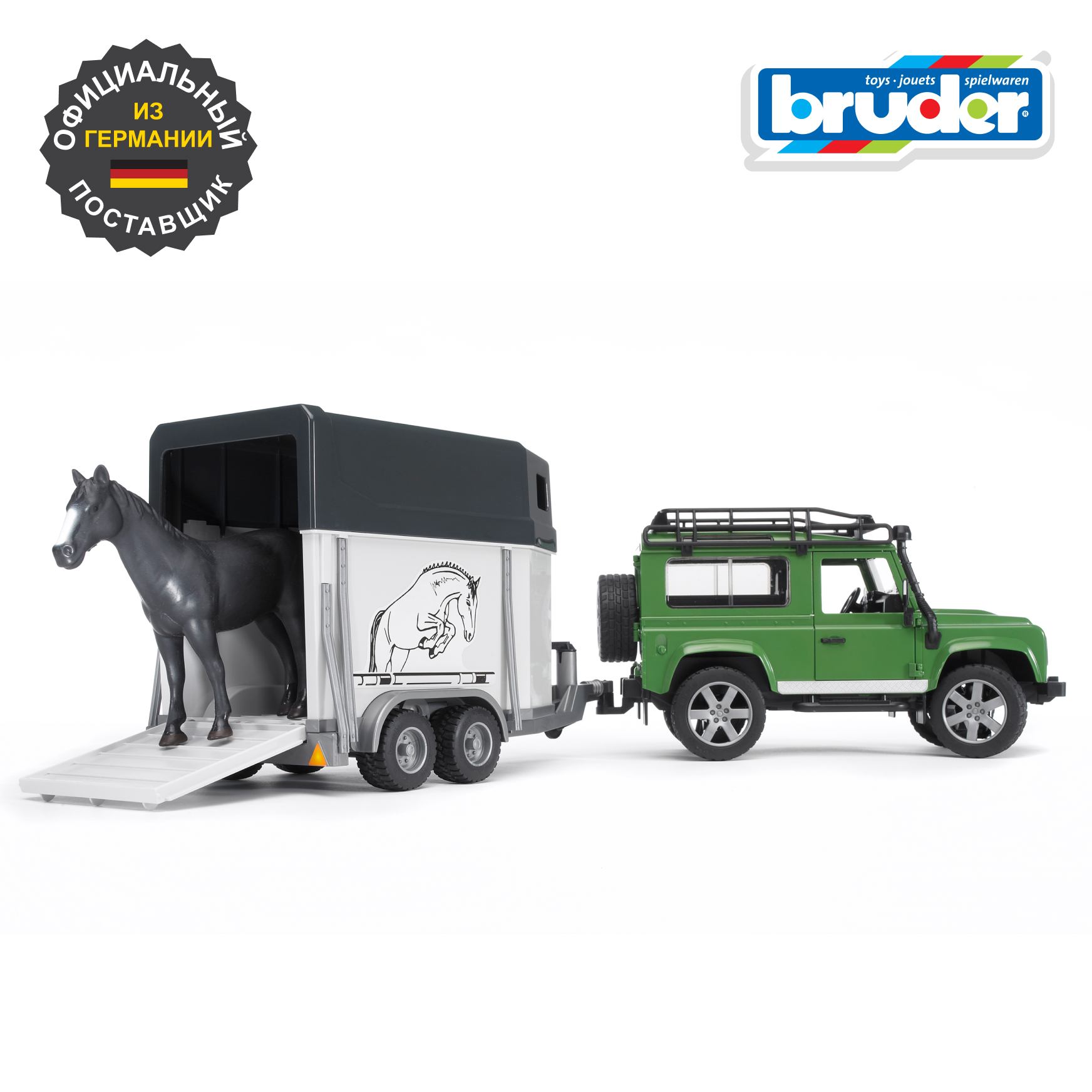 Внедорожник Bruder Land Rover с прицепом-коневозкой + лошадь 02-592 - фото 1