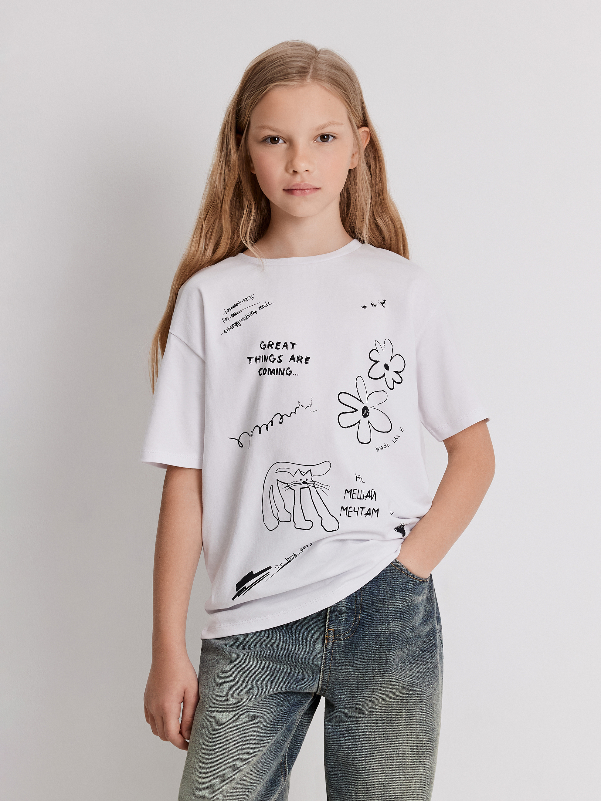 Изображение товара Детская футболка Acoola 134 белая с принтом и свободным кроем Изображение товара Детская футболка Acoola 134 белая с принтом и свободным кроем