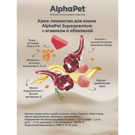 Лакомство для кошек AlphaPet Superpremium крем с ягненком и облепихой 48г