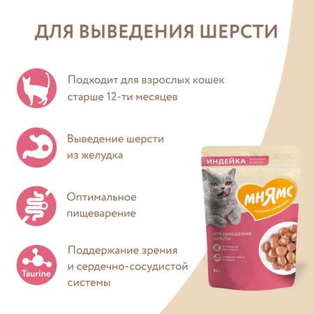 Корм для кошек Мнямс 85г с индейкой для выведения шерсти в соусе пауч