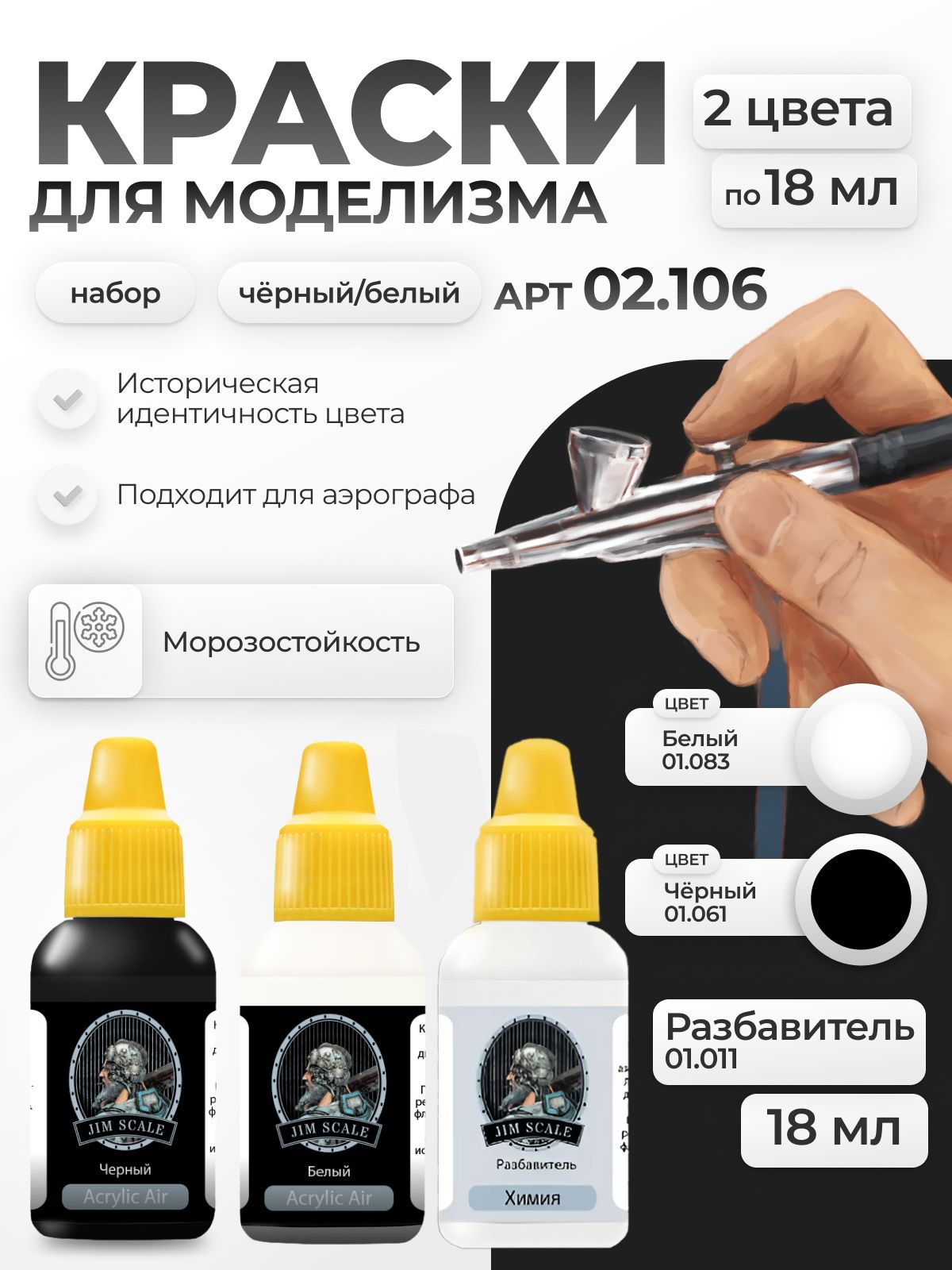 Набор красок Jim Scale Чёрный/Белый 3 цвета 02.106 - фото 1