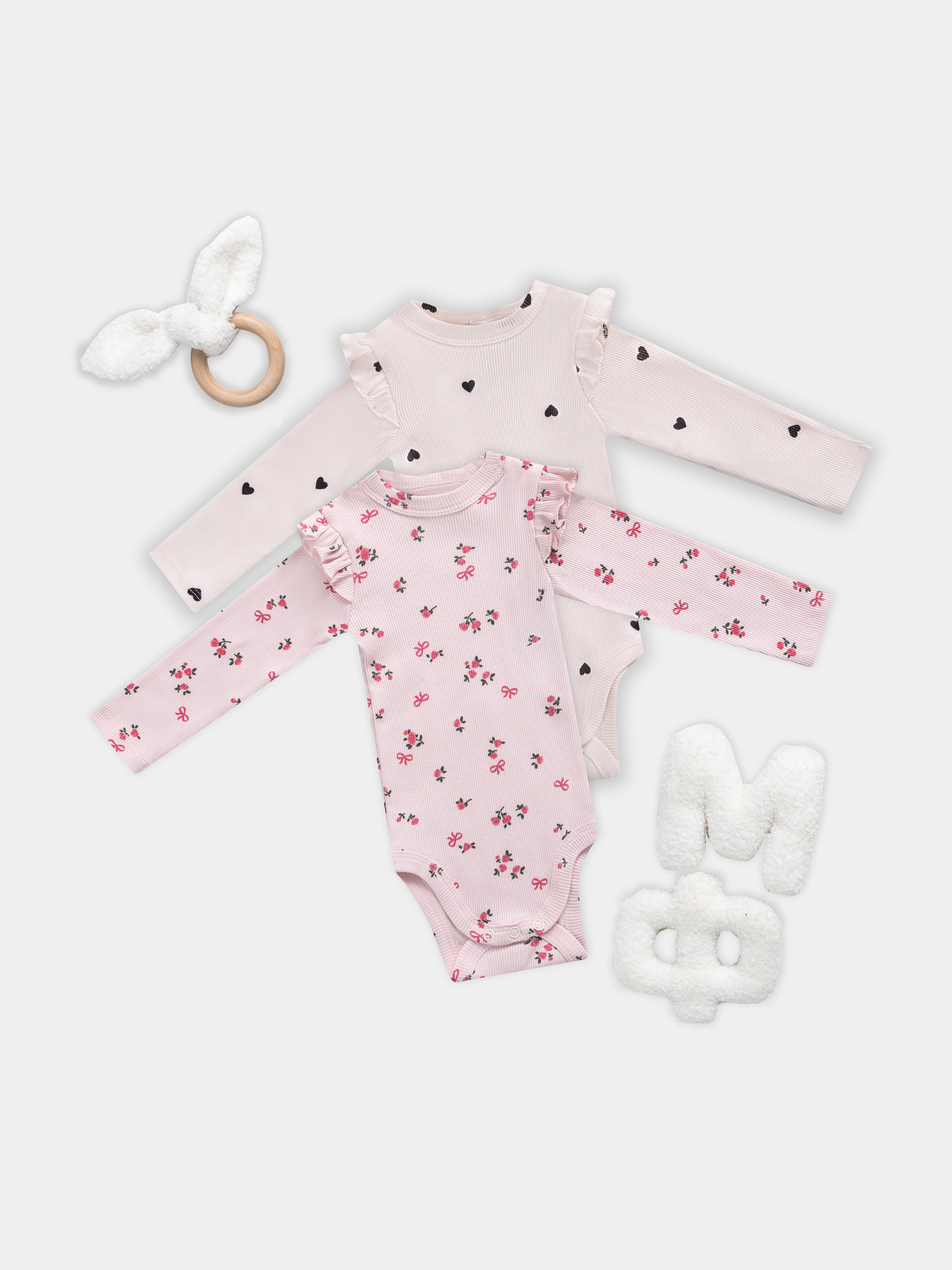 Боди 2 шт Mark Formelle (Марк Формэль) 13017-2/сердца на св.розовом +цветочки на розовом - фото 1