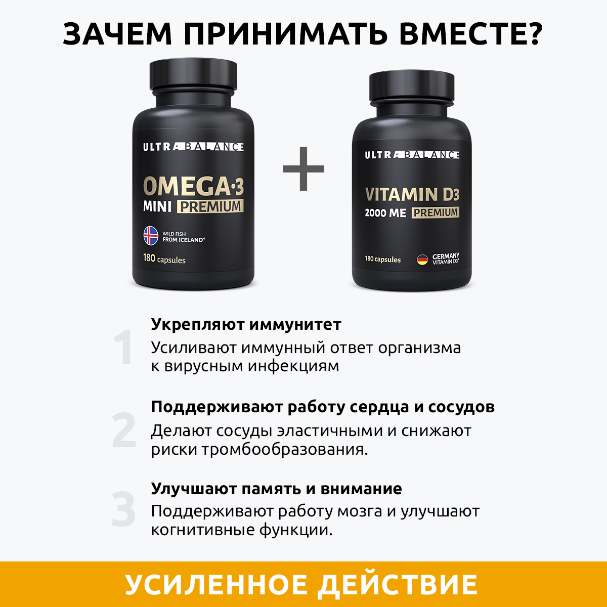 Витамины для иммунитета UltraBalance для мужчин и женщин Омега 3 мини 180 капсул и витамин Д3 2000 ме 180 капсул - фото 8