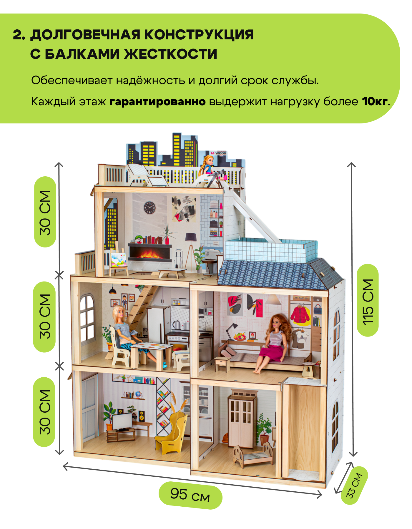 Домик для кукол M-WOOD 115 см с мебелью 3037 - фото 3