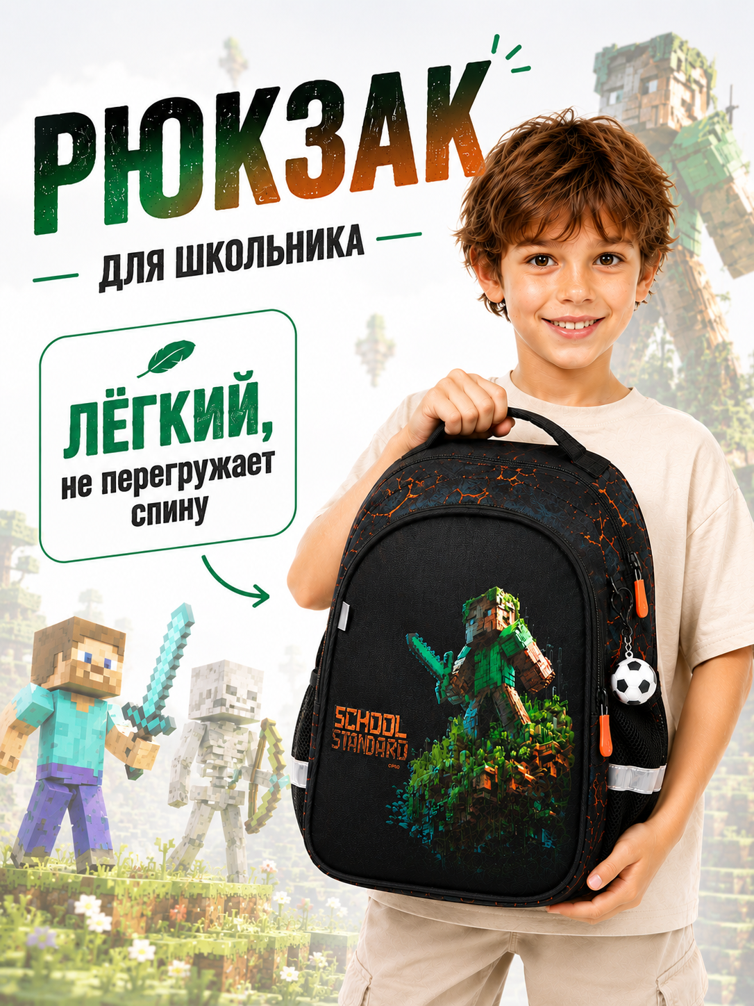 Изображение товара Детский школьный рюкзак Скул Стандарт 160 с брелоком, 17 л, для начальных классов