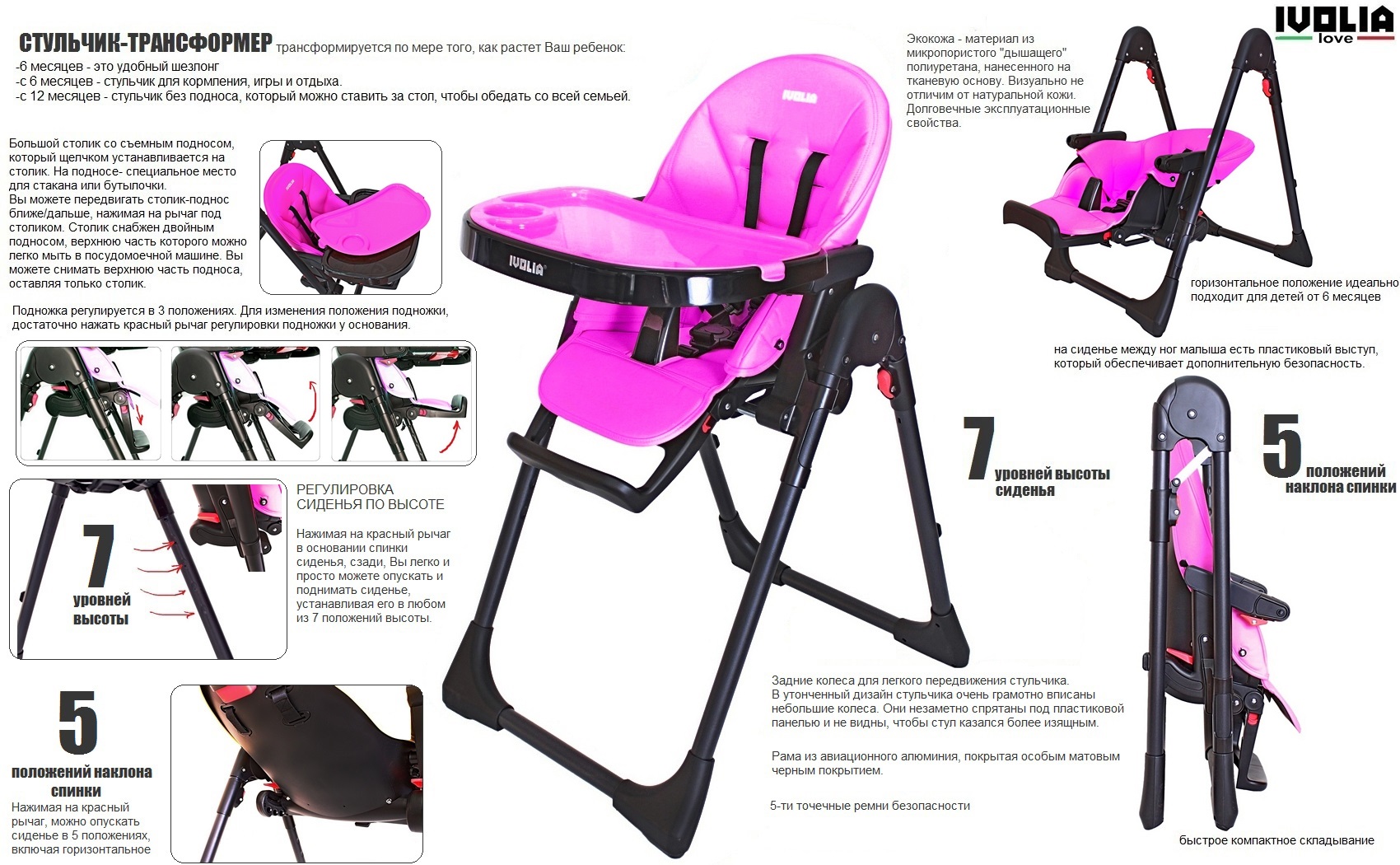 Стульчик для кормления Ivolia HOPE 01 2 колеса pink трансформер - фото 15