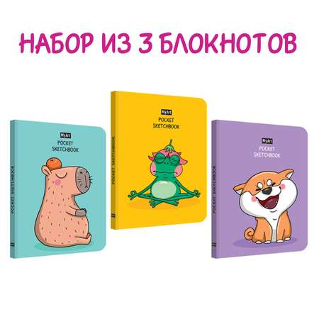 Блокнот Проф-Пресс скетчбук Pocket MyArt комплект из 3 шт по 48 л. А6. Лягушка+капибара+сиба-ину